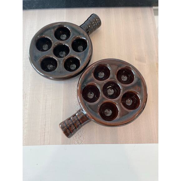 None and/or Unknown Other - Vintage Escargot Brown Pottery baking dish Taiwan set of 2